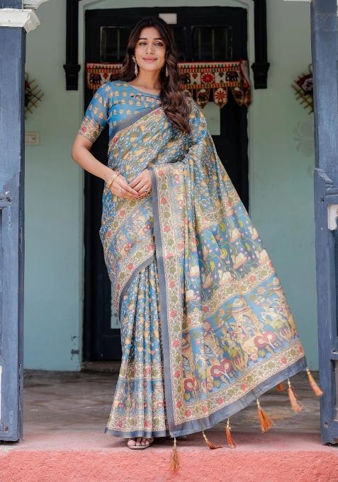 Blue Printed Cotton Saree Set