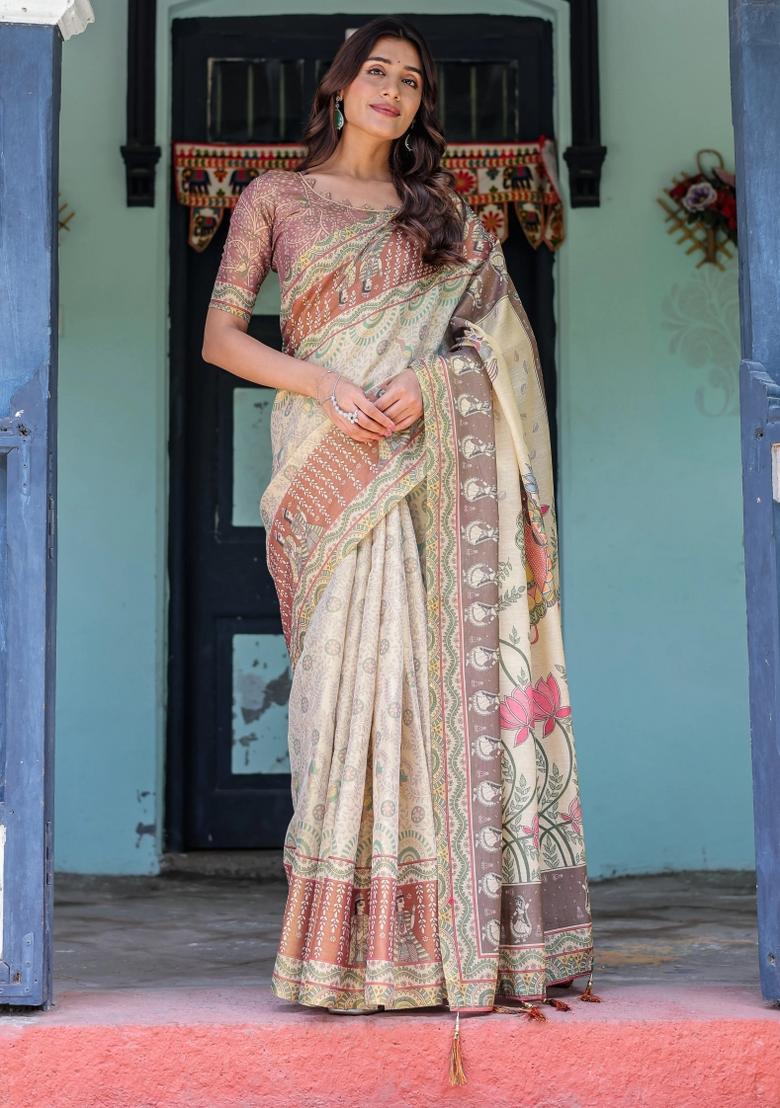 Ivory Printed Cotton Saree Set