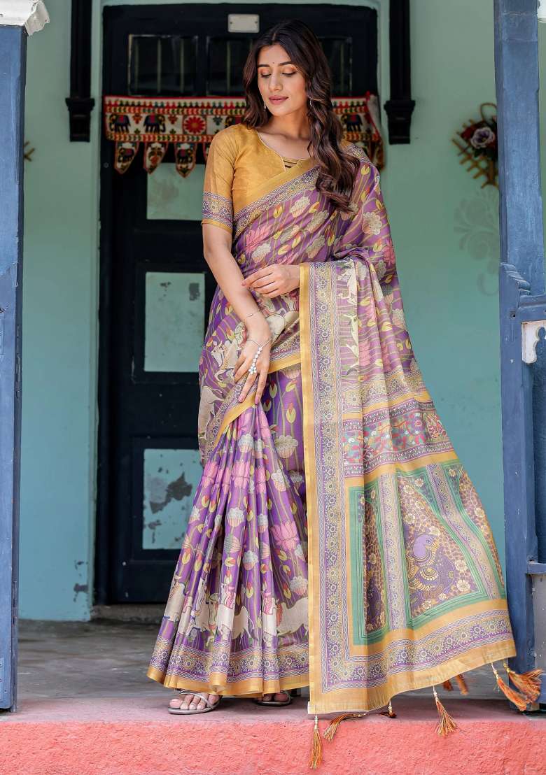 Blue Printed Cotton Saree Set - Indya