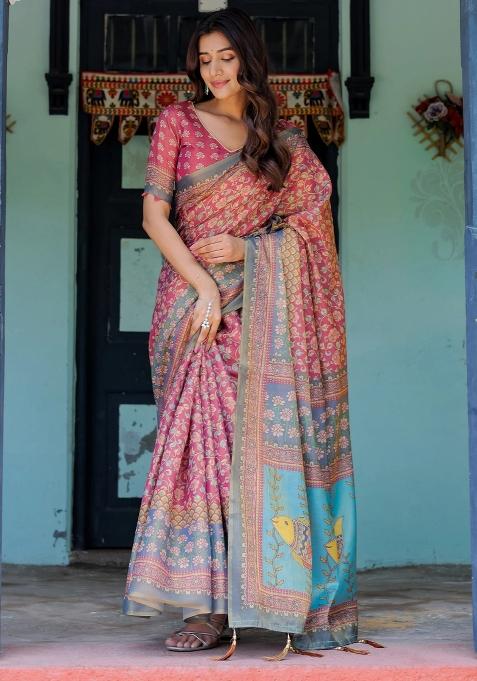 Rose Printed Cotton Saree Set