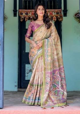 Ivory Printed Cotton Saree Set