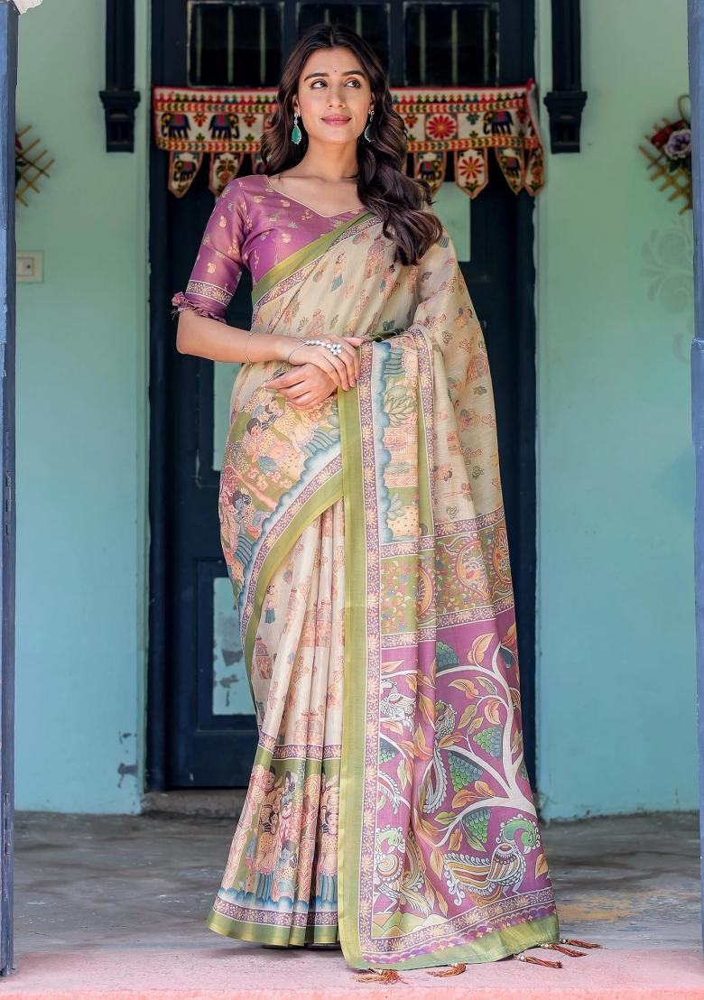 Ivory Printed Cotton Saree Set
