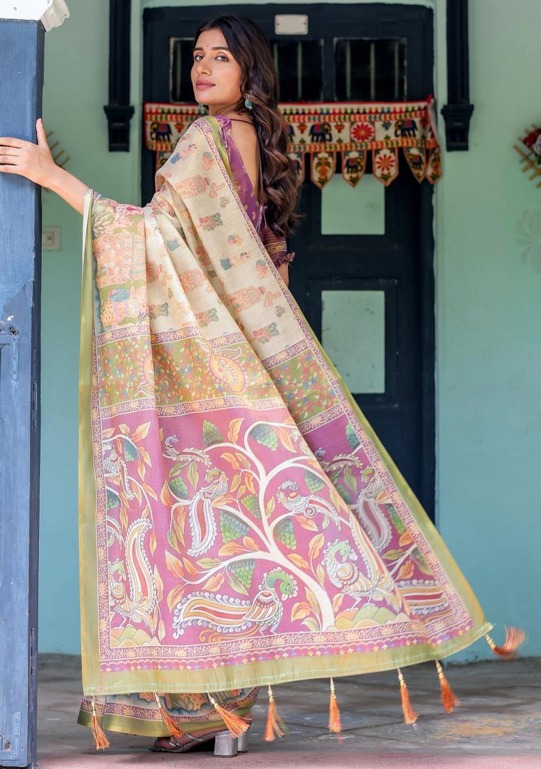 Ivory Printed Cotton Saree Set