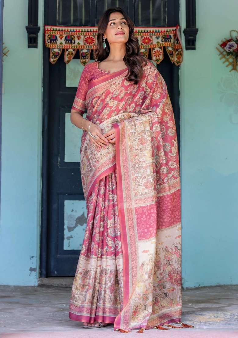 Maroon Printed Cotton Saree Set - Indya