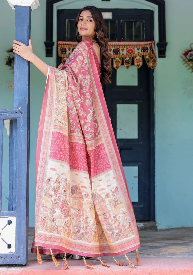 Maroon Printed Cotton Saree Set - Indya