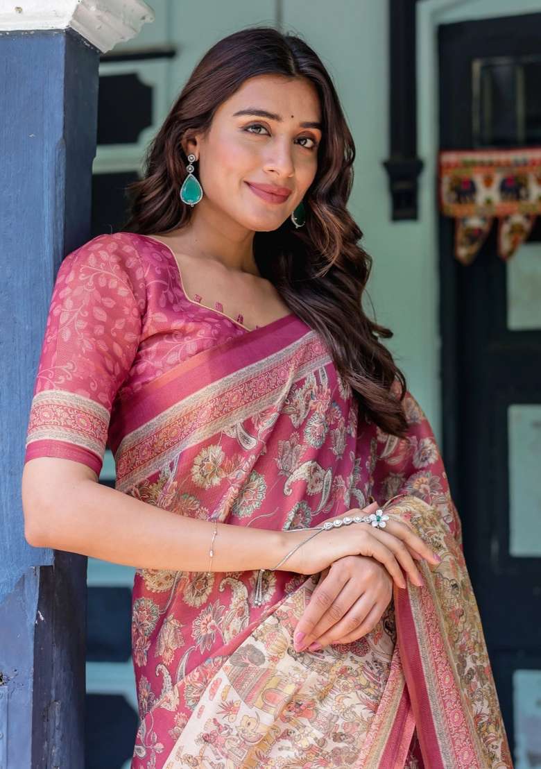 Maroon Printed Cotton Saree Set - Indya