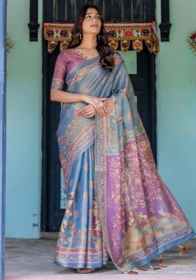 Sky Printed Cotton Saree Set