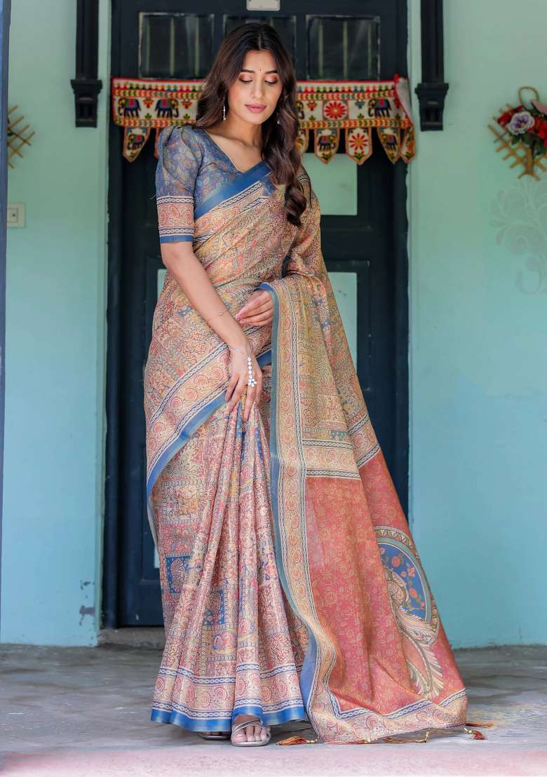 Rust Printed Cotton Saree Set - Indya
