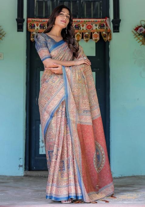Rust Printed Cotton Saree Set