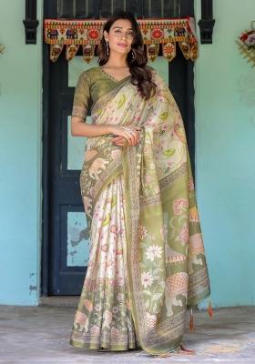 Olive Printed Cotton Saree Set
