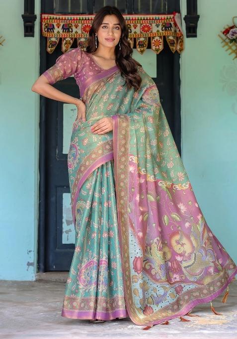 Aqua Printed Cotton Saree Set