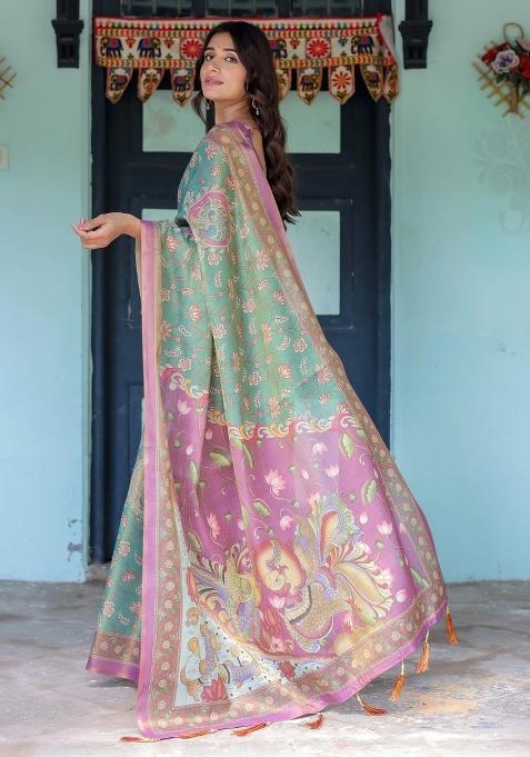 Aqua Printed Cotton Saree Set