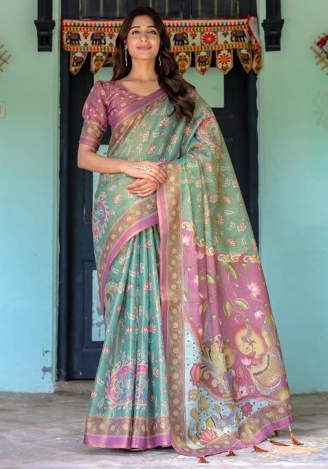 Aqua Printed Cotton Saree Set