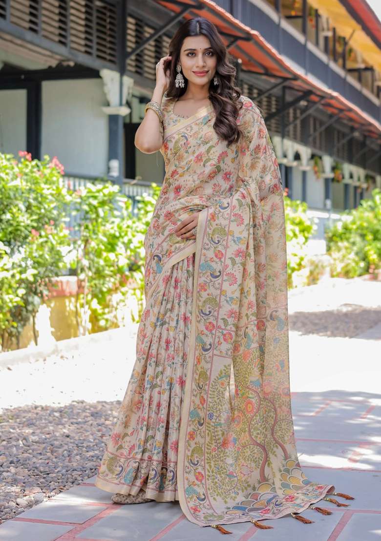Ivory Printed Cotton Saree Set - Indya