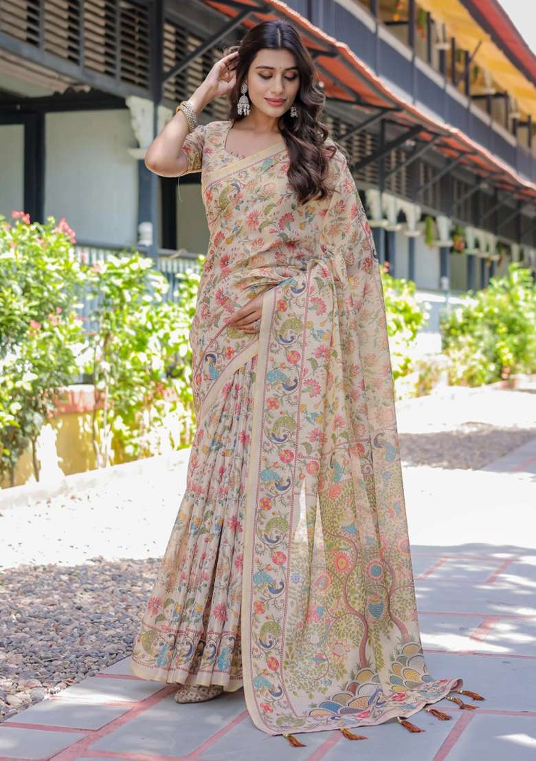 Ivory Printed Cotton Saree Set - Indya