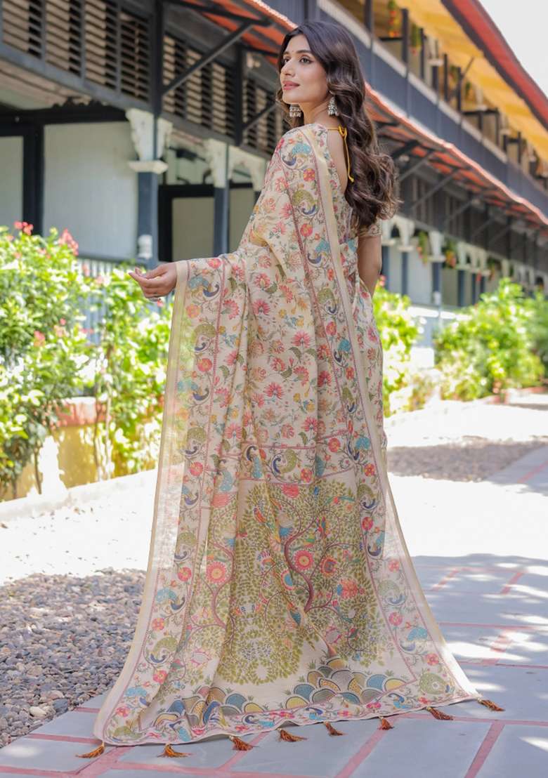 Ivory Printed Cotton Saree Set - Indya