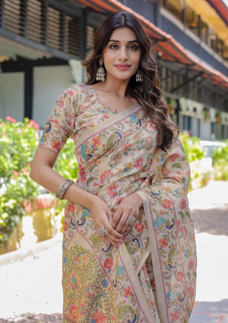 Ivory Printed Cotton Saree Set - Indya