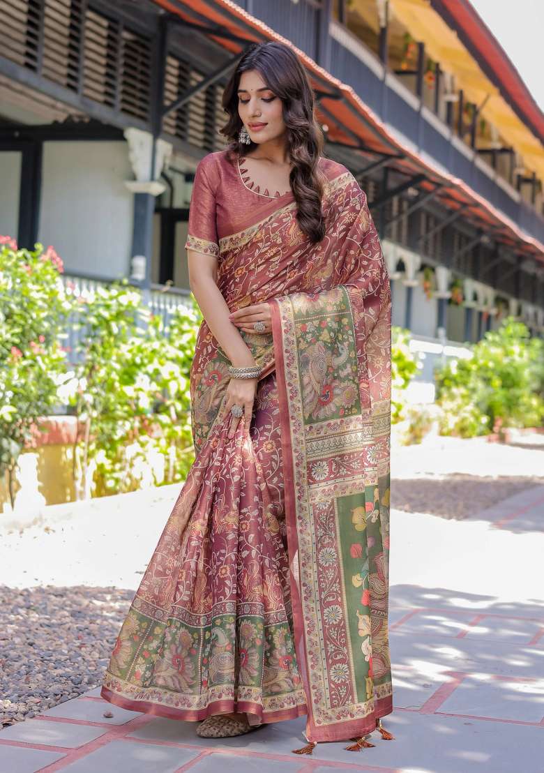 Maroon Printed Cotton Saree Set - Indya