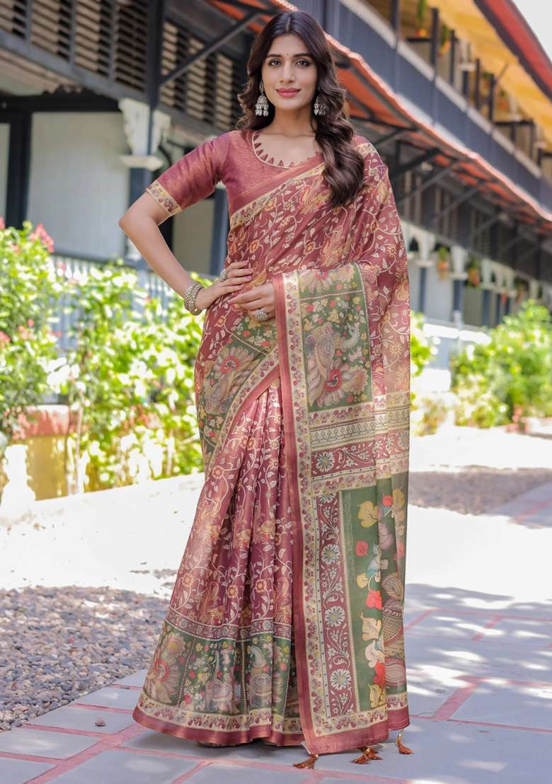 Maroon Printed Cotton Saree Set - Indya