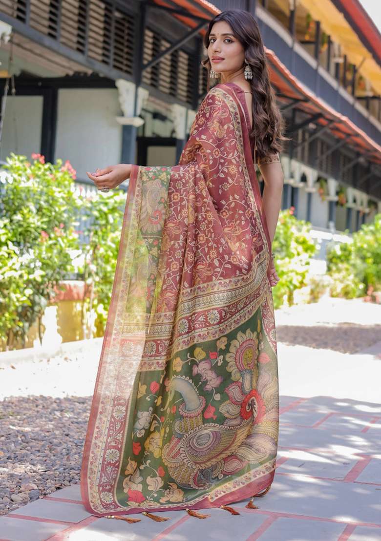 Maroon Printed Cotton Saree Set - Indya