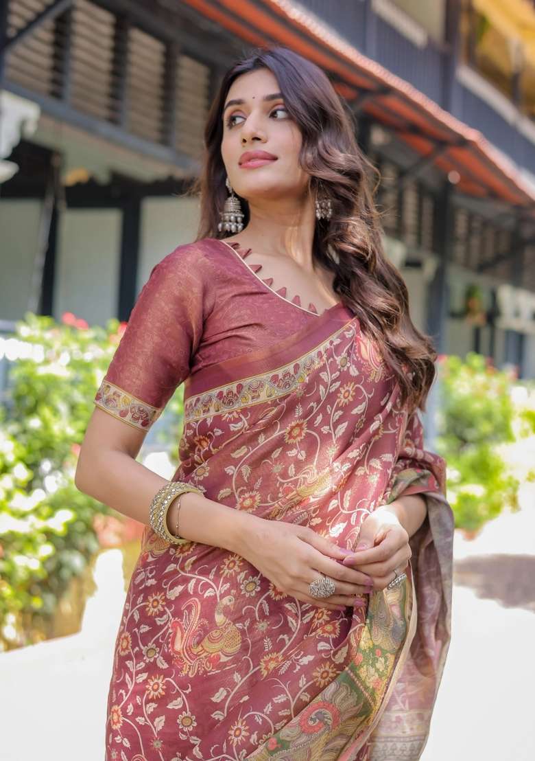 Maroon Printed Cotton Saree Set - Indya