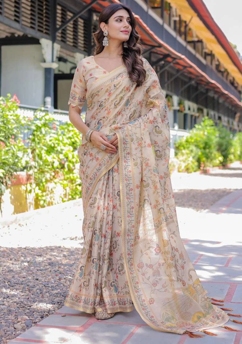 Ivory Printed Cotton Saree Set - Indya