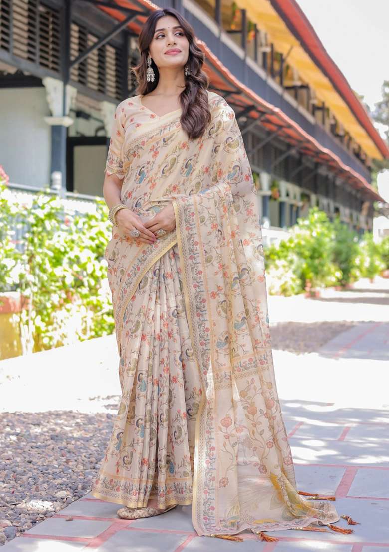 Ivory Printed Cotton Saree Set - Indya