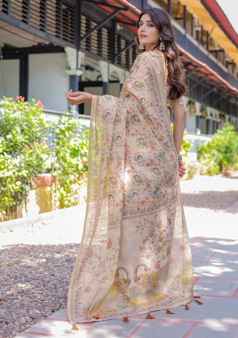 Ivory Printed Cotton Saree Set - Indya