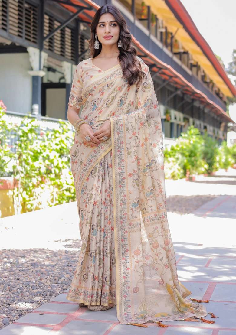 Ivory Printed Cotton Saree Set - Indya