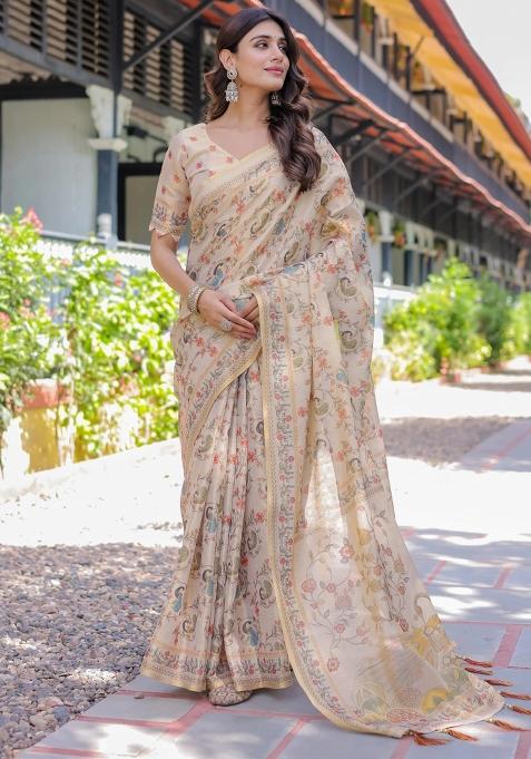 Ivory Printed Cotton Saree Set