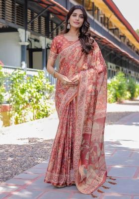 Rust Printed Cotton Saree Set
