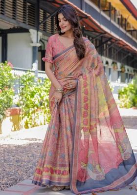 Peach Printed Cotton Saree Set
