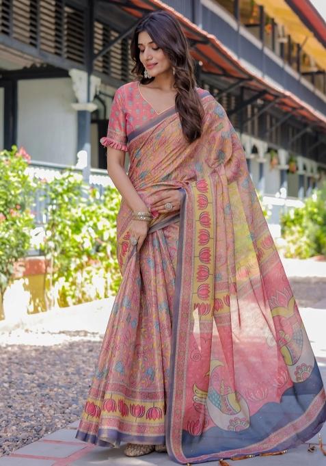 Peach Printed Cotton Saree Set