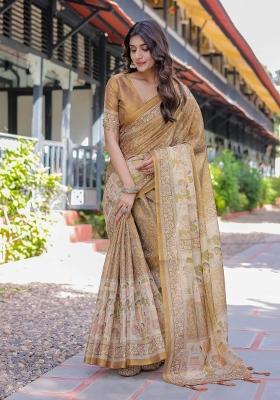 Mustard Printed Cotton Saree Set