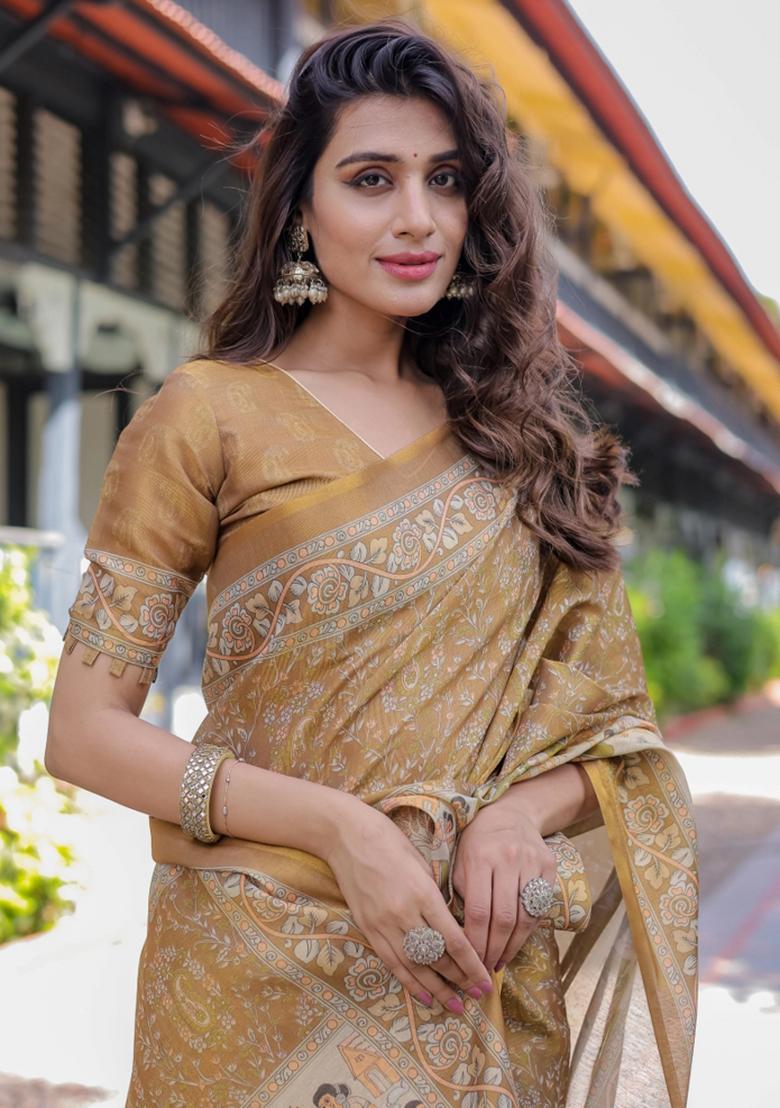 Mustard Printed Cotton Saree Set - Indya