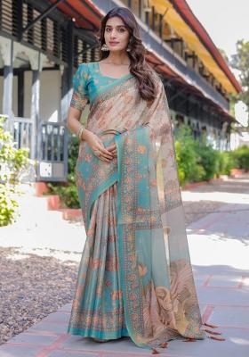 Teal Printed Cotton Saree Set