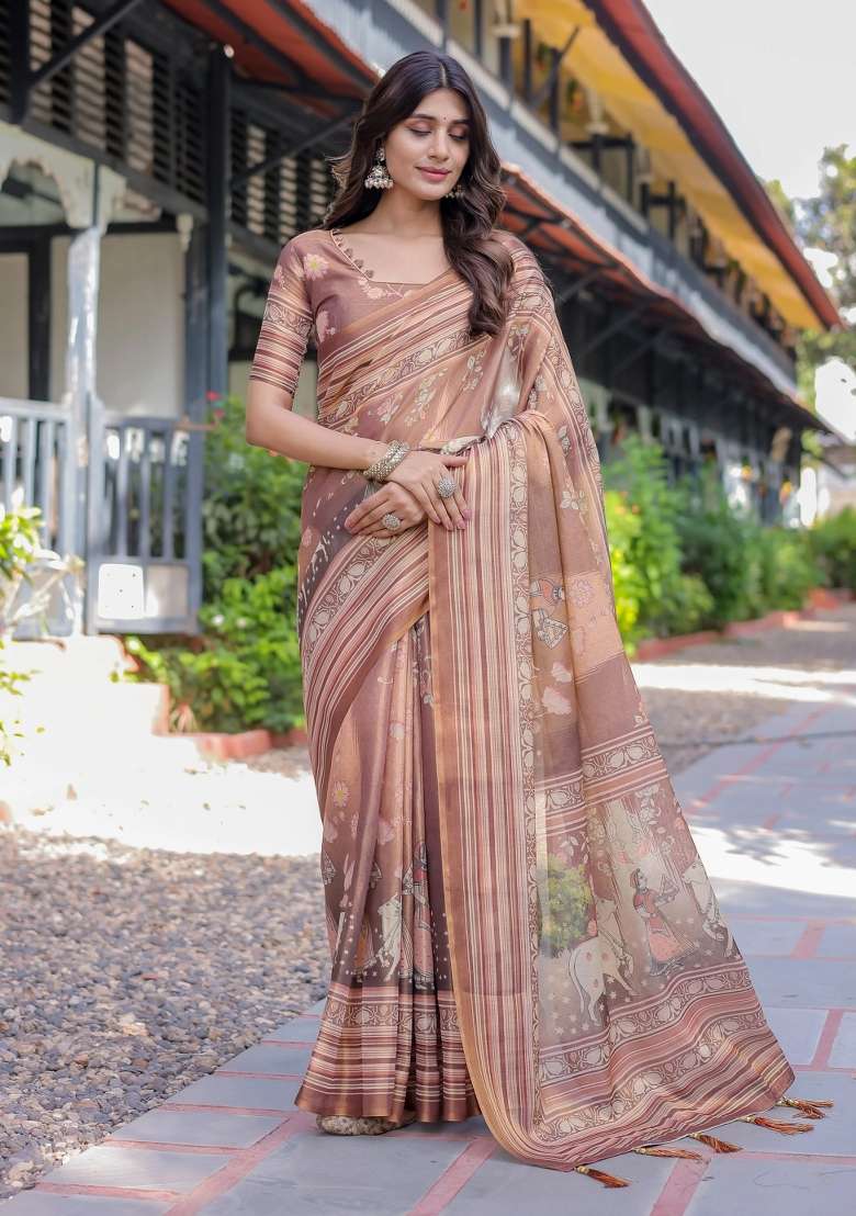 Blue Printed Cotton Saree Set - Indya