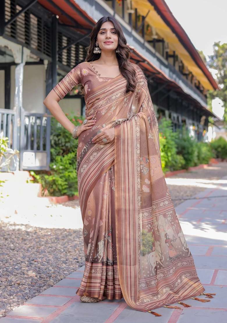 Blue Printed Cotton Saree Set - Indya