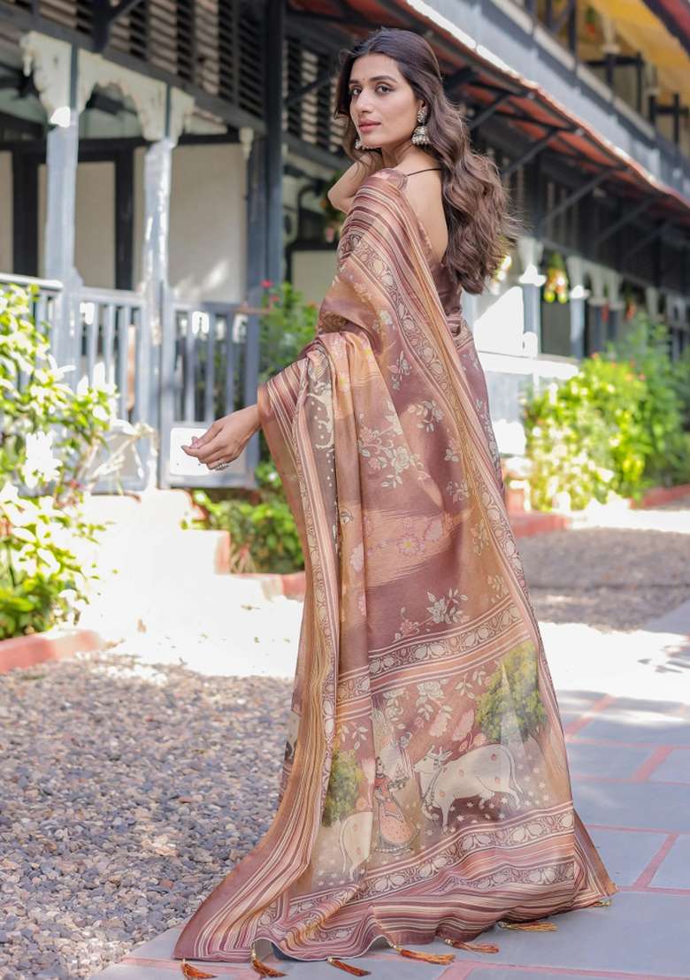 Blue Printed Cotton Saree Set - Indya