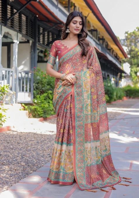 Rust Printed Cotton Saree Set
