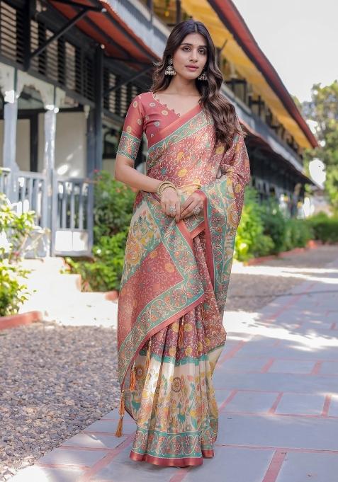 Rust Printed Cotton Saree Set