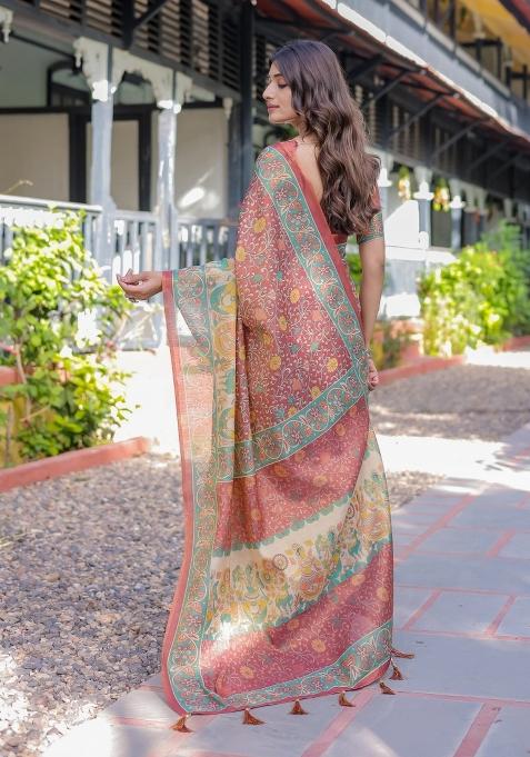 Rust Printed Cotton Saree Set