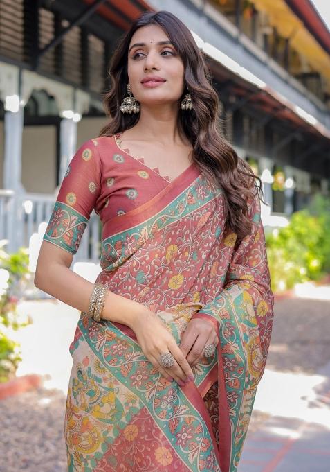 Rust Printed Cotton Saree Set