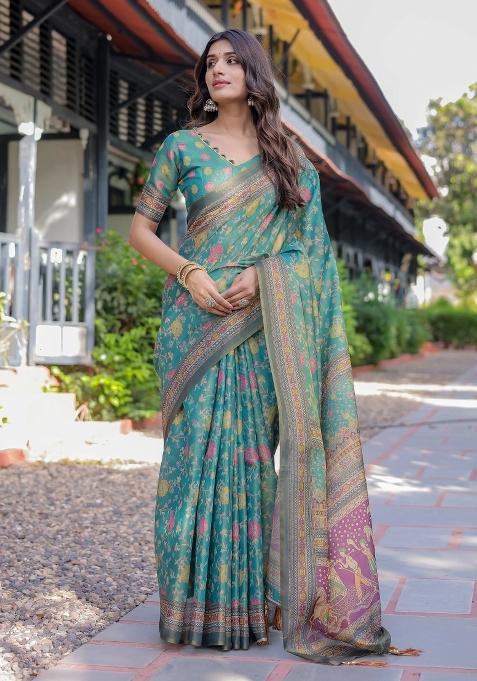 Multicolor Printed Cotton Saree Set