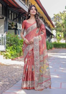 Rust Printed Cotton Saree Set