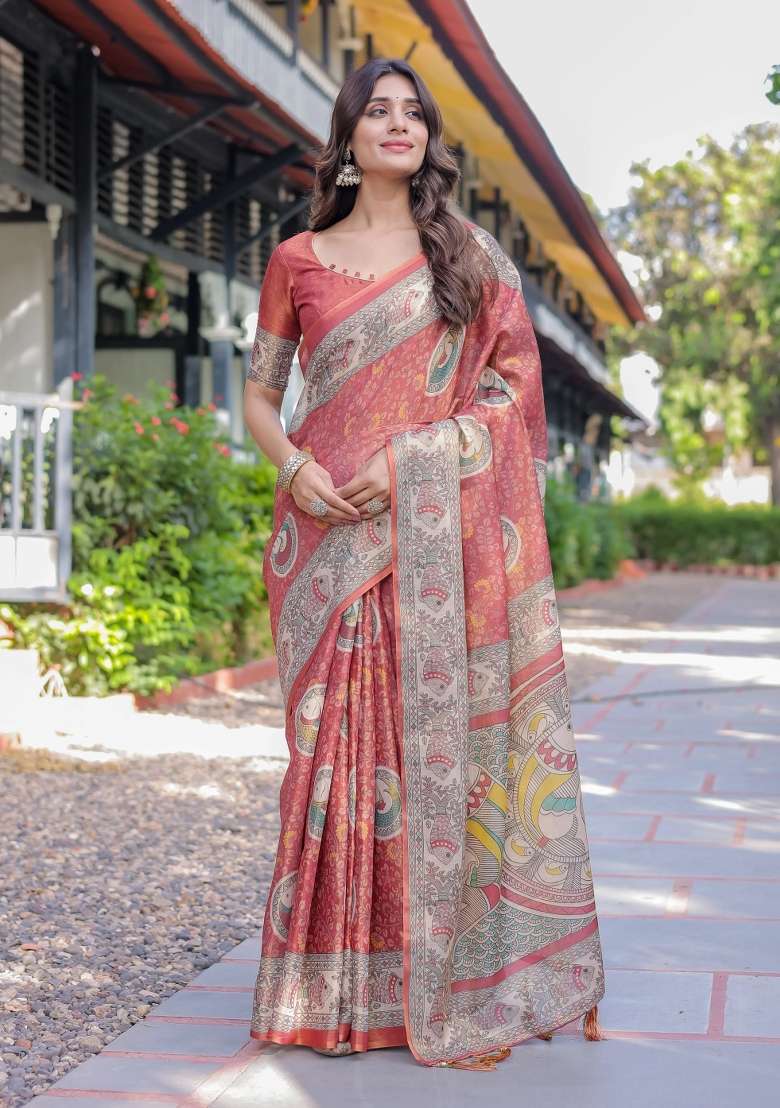 Rust Printed Cotton Saree Set - Indya