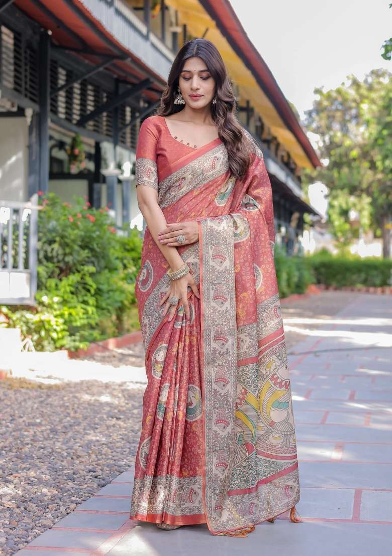 Rust Printed Cotton Saree Set - Indya