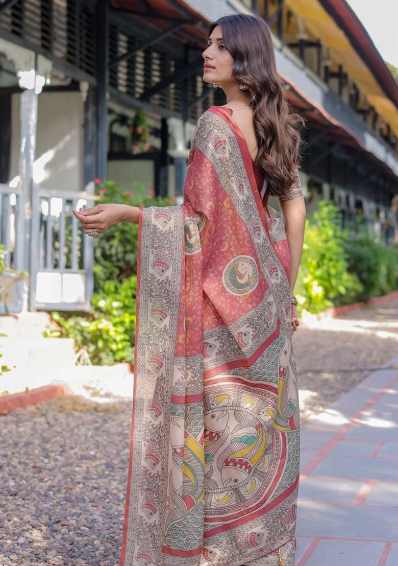 Rust Printed Cotton Saree Set - Indya