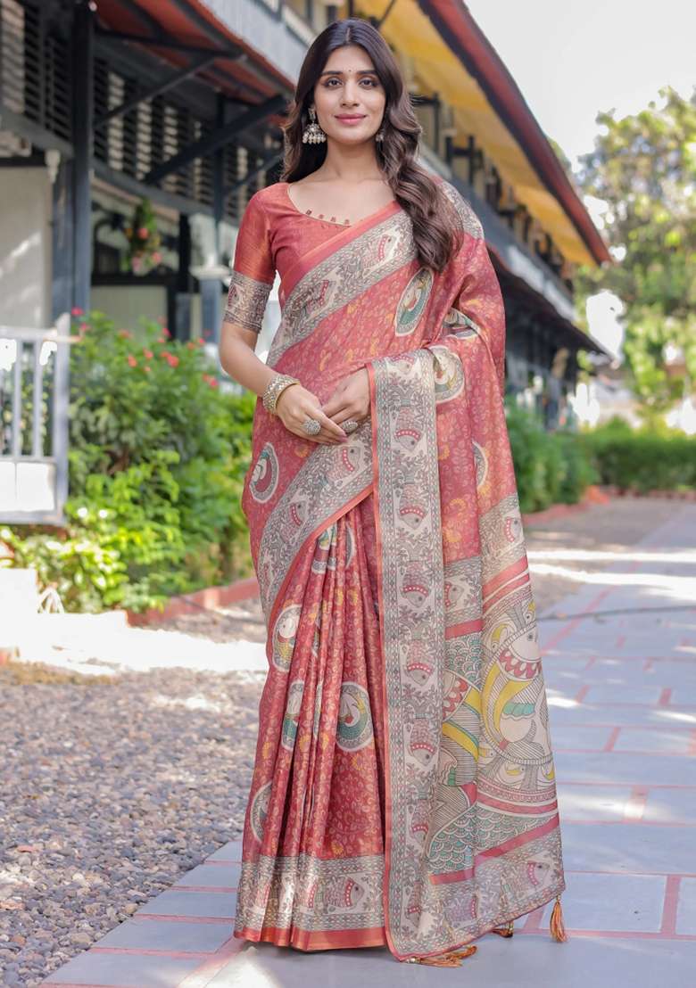 Rust Printed Cotton Saree Set - Indya