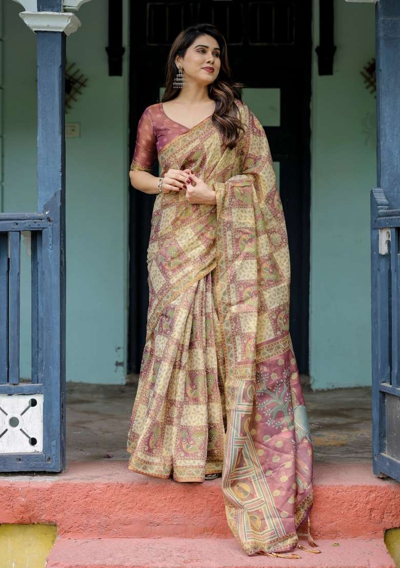 Cream Printed Cotton Saree Set - Indya